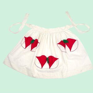 VINTAGE WHITE & RED CHRISTMAS BELLS W/ GREEN BOWS SHORT APRON